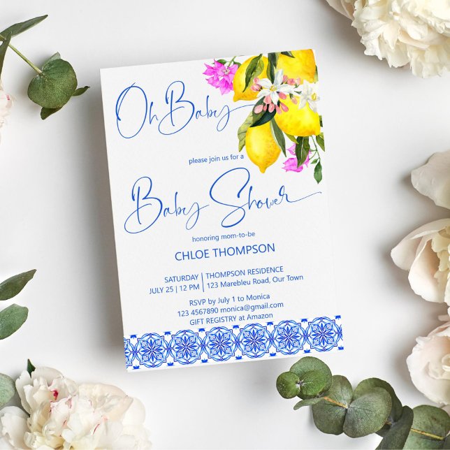 Blaue Fliesen Zitronen Bougainvillea oh Babydusche Einladung (Blue tiles lemon bougainvillea oh baby baby shower Mediterranean themed summer baby shower invite)