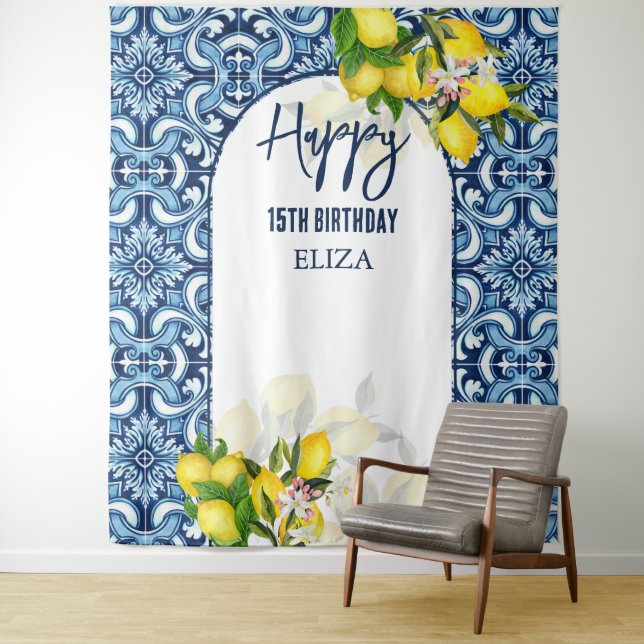 Blaue Fliesen Zitronen Italienisch Amalfi Glücklic Wandteppich (Beispiel)