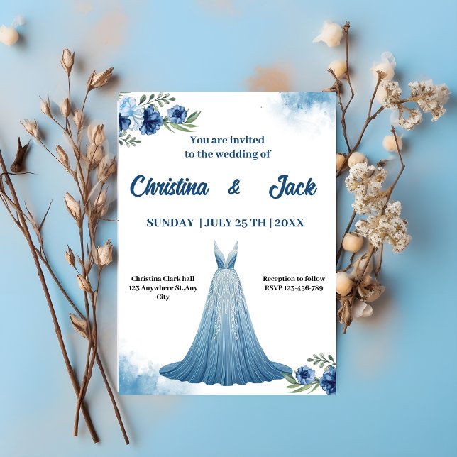 Blaue Flora| Elegante Gown Design Wedding Einladung (Von Creator hochgeladen)