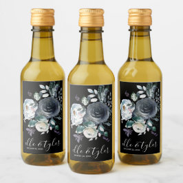 Blaue Flora Hochzeit Mini Weinflasche Etikett