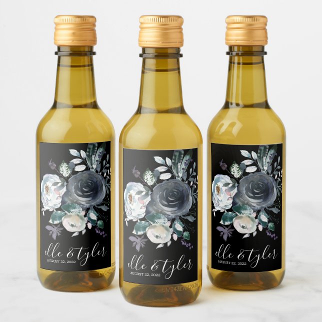 Blaue Flora Hochzeit Mini Weinflasche Etikett (Flaschen)