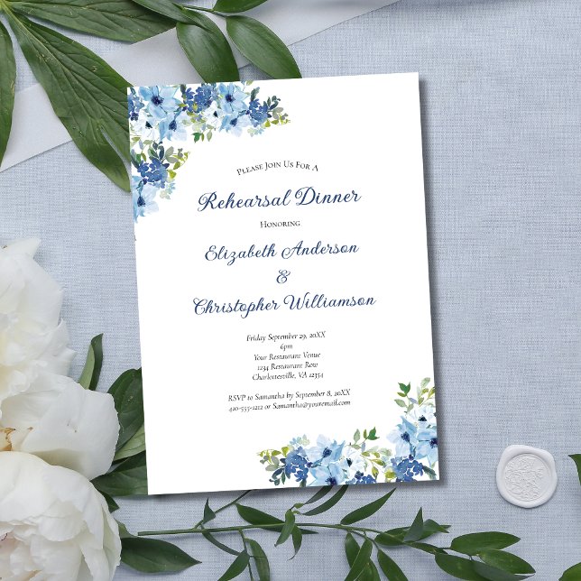 Blaue Flora Probe Abendessen im Grünen Einladung (Blue Watercolor Floral with Greenery Wedding Rehearsal dinner invitation)