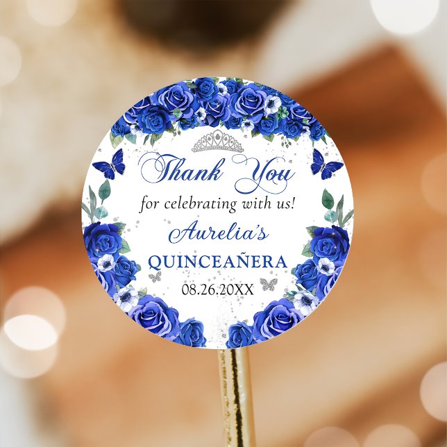 Blaue Flora Schmetterlinge Quinceañera Princess Runder Aufkleber (Von Creator hochgeladen)
