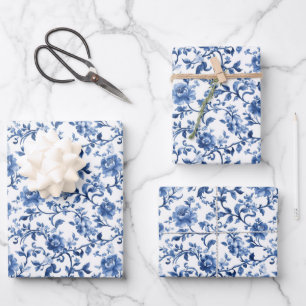 Blaue Flora und Fauna Vintag Geschenkpapier Set