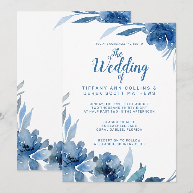 Blaue Flora Wasserfarbe Romantische Hochzeit Einladung (Vorne/Hinten)