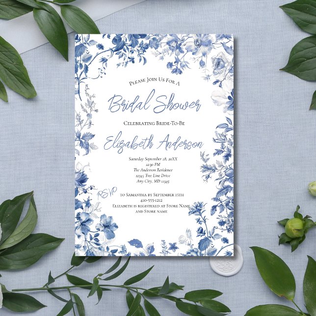 Blaue Flora Wasserfarben Elegantes Brautparty Einladung (Blue Floral Watercolor Border Bridal Shower Invitation. Printed or Instant Digital Download)
