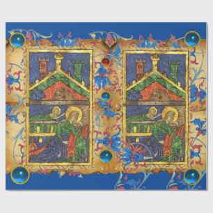 BLAUE FLORAL NATIVITY CHRISTMAS PARCHMENT AND GEMS GESCHENKPAPIER