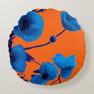 Blaue Florale Aquarell-Mohnblumen Sonnenuntergang  Rundes Kissen