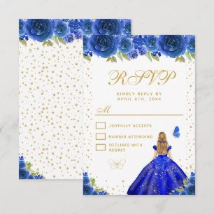 Blaue Florale Blondhaar Prinzessin Sweet Sixteen RSVP Karte