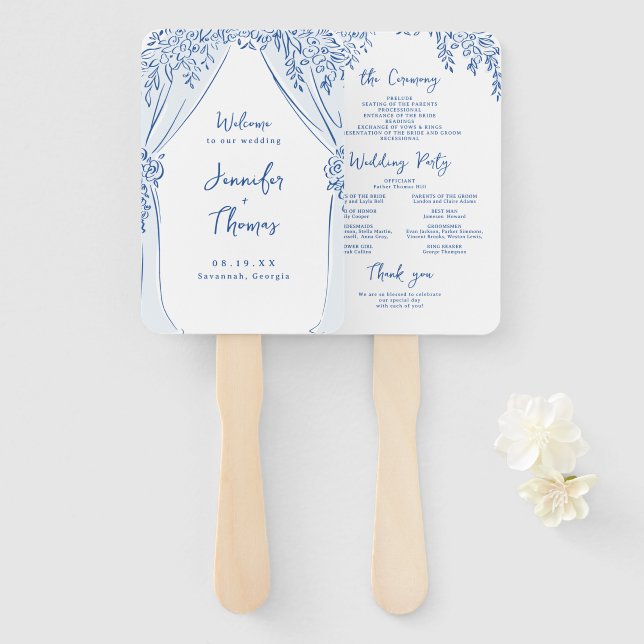 Blaue Florale Bogen Whimsical Hochzeitsprogramme Fächer (Vorne und Hinten)