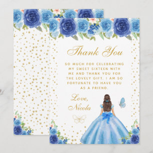 Blaue Florale Braunhaarige Prinzessin Sweet Sixtee Dankeskarte