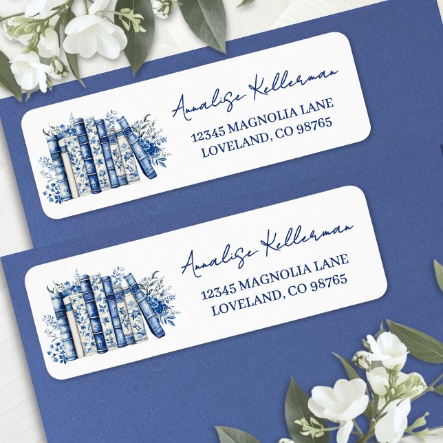 Blaue florale Buch-Rücksendeadresse (Blue Floral Book Return Address Label)