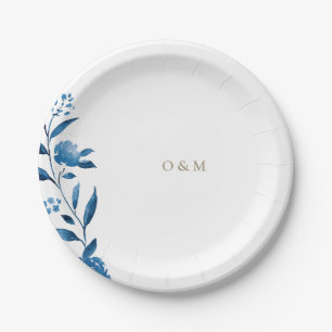 Blaue florale Chinoiserie-Hochzeitsmonogramm Pappteller