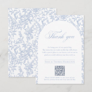 Blaue florale Chinoiserie QR-Code zu Hochzeitsfoto Dankeskarte