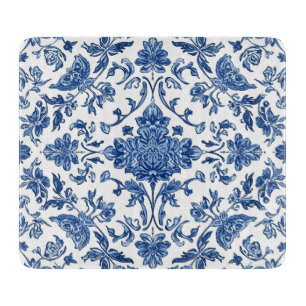 Blaue florale Chinoiserie Wasserfarbe Weiß Schneidebrett
