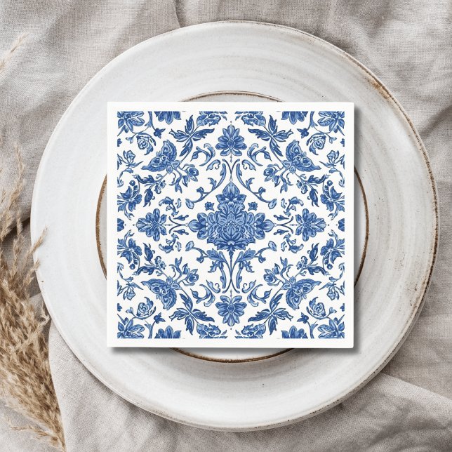 Blaue florale Chinoiserie Wasserfarbe Weiß Serviette (Von Creator hochgeladen)