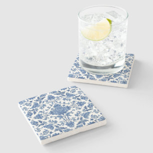 Blaue florale Chinoiserie Wasserfarbe Weiß Steinuntersetzer