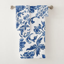 Blaue florale Chinoiserie Weiße Wasserfarbe Badhandtuch Set