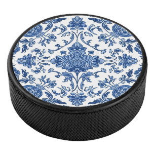 Blaue florale Chinoiserie Weiße Wasserfarbe Eishockey Puck