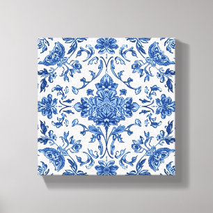 Blaue florale Chinoiserie Weiße Wasserfarbe Leinwanddruck