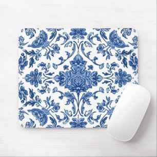 Blaue florale Chinoiserie Weiße Wasserfarbe Mousepad