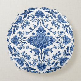 Blaue florale Chinoiserie Weiße Wasserfarbe Rundes Kissen