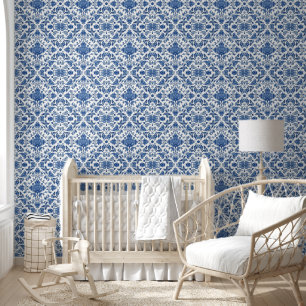 Blaue florale Chinoiserie Weiße Wasserfarbe Tapete