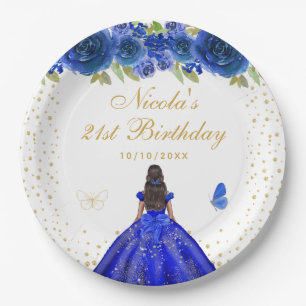 Blaue Florale Dark Skin Prinzessin Geburtstagsfeie Pappteller