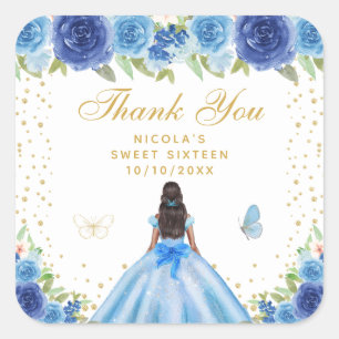 Blaue Florale Dark Skin Prinzessin Sweet Sixteen Quadratischer Aufkleber