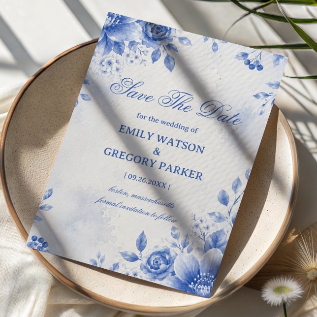Blaue Florale Elegante Wasserfarbe Save The Date (Von Creator hochgeladen)