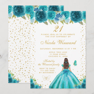 Blaue Florale Geburtstagsfeier der Prinzessin mit Einladung