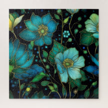 Blaue florale Glasmalerei-Botanik-Puzzle