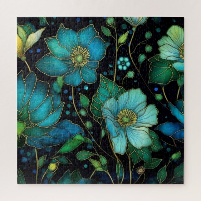 Blaue florale Glasmalerei-Botanik-Puzzle (Vertikal)