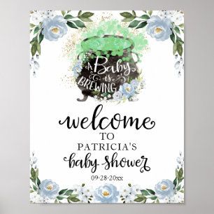 Blaue florale Halloween-Baby-Shower-Willkommenssch Poster