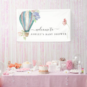 Blaue florale Heißluftballon-Baby-Party Banner