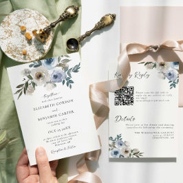 Blaue Florale Hochzeit Eleganter Wasserfarbe QR-Co Einladung