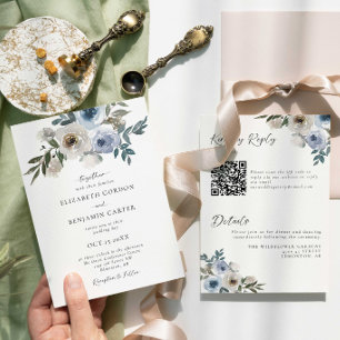 Blaue Florale Hochzeit Eleganter Wasserfarbe QR-Co Einladung