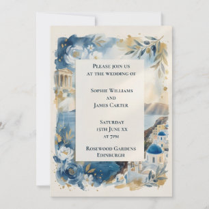 Blaue florale Hochzeitseinladung aus Santorin Einladung