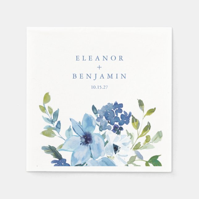 Blaue florale Hochzeitsnamene mit hellblauer Wasse Serviette (Vorderseite)