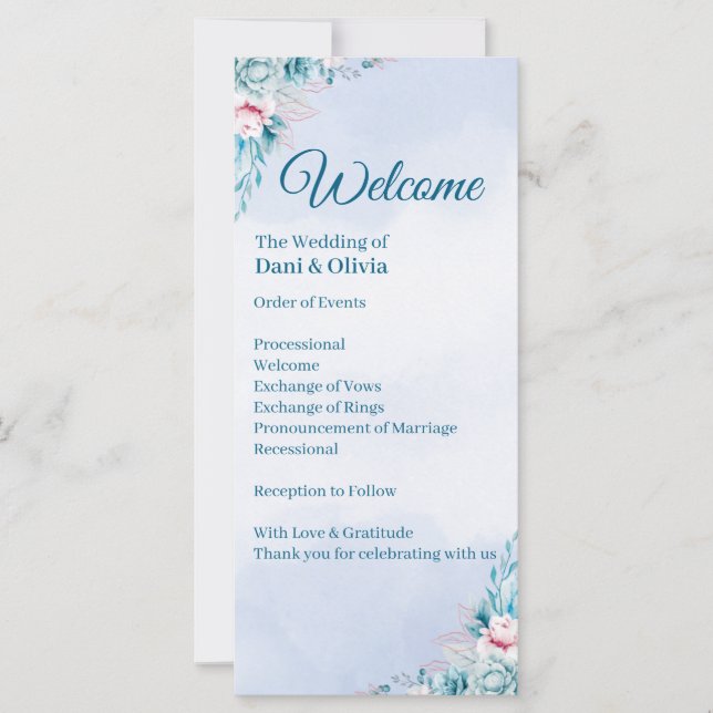 Blaue Florale Hochzeitszeremonie-Programm (Vorderseite)