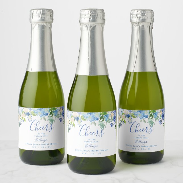 Blaue florale Mini-Kastanienwein-Label, Bridal Sho (Flaschen)