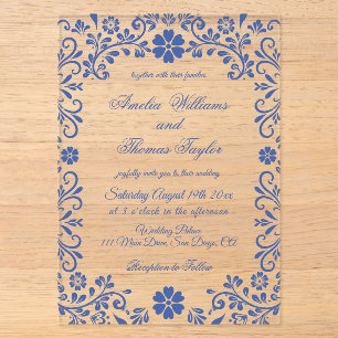 Blaue florale romantische Hochzeitseinladung Acryleinladungen