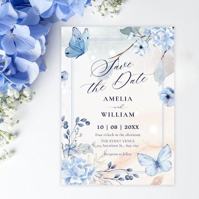 Blaue florale Schmetterlinge Save The Date (Von Creator hochgeladen)
