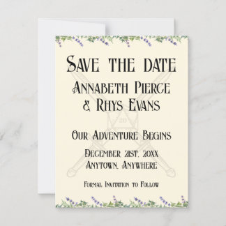 Blaue florale Schwerter und D20 RPG inspirierte Ho Save The Date