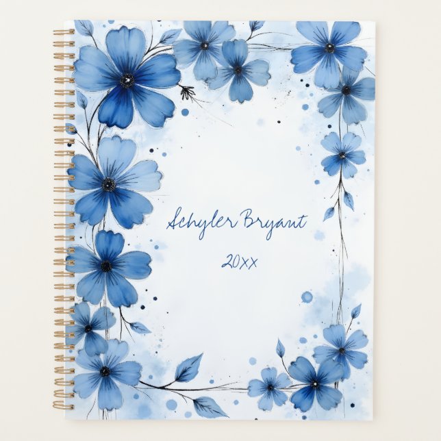 Blaue florale Spiralbindung abstrakt botanisch Frü Planer (Vorderseite)