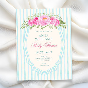 Blaue florale Streifen Baby-Party Einladung