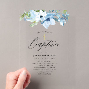 Blaue florale Taufe für Babyjungen Acryleinladungen