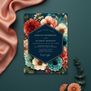 Blaue Florale Üppige Herbsthochzeit Einladung