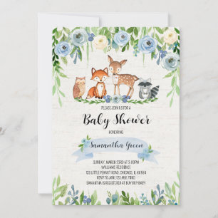 Blaue Florale Wald-Babyparty Einladung