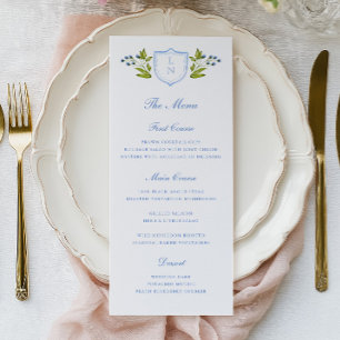 Blaue Florale Wappen-Hochzeit Menükarte